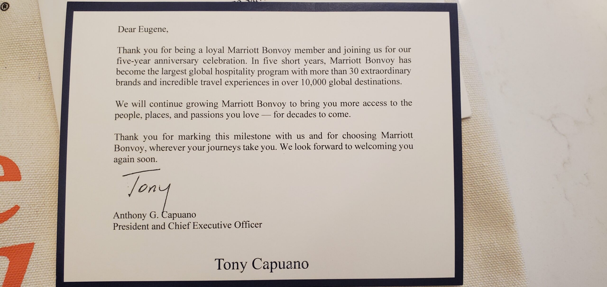 Close-up of official letter from Marriott International CEO Anthony Capuano addressed to Eugene Salvatore