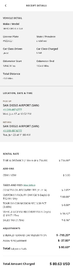 National Car Rental Receipt showing 2026 Mercedes-Benz GLE 350 for $80.63 all-in via Emerald Club Free Days