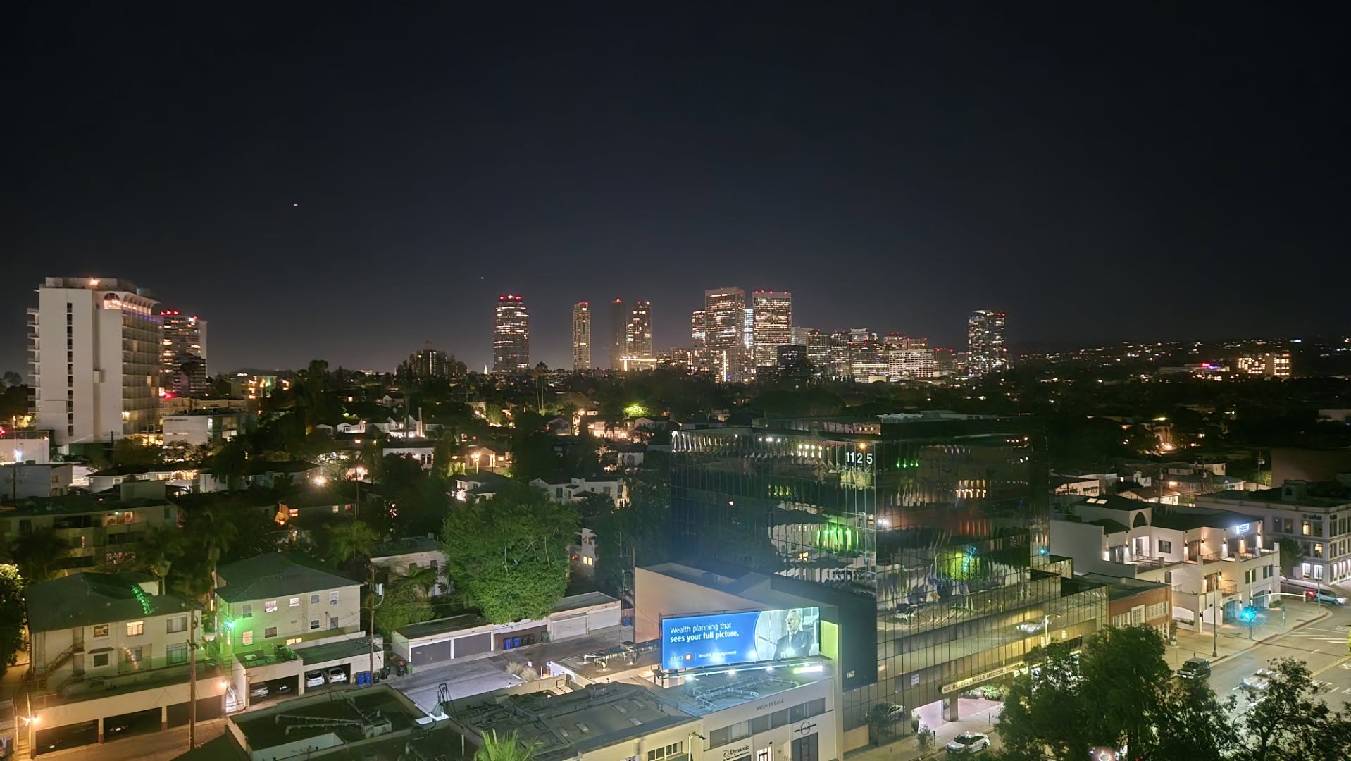 Night balcony view of the Century City skyline