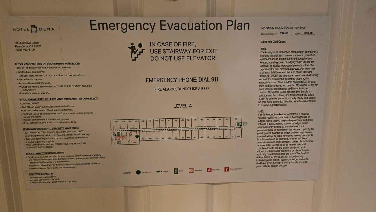 Hotel Dena Pasadena 4th floor evacuation map and room rate schedule