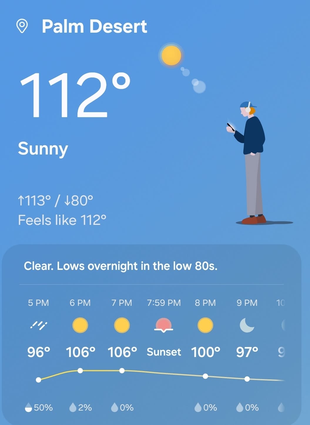 Smartphone weather telemetry screen showing Palm Desert extreme heat benchmark