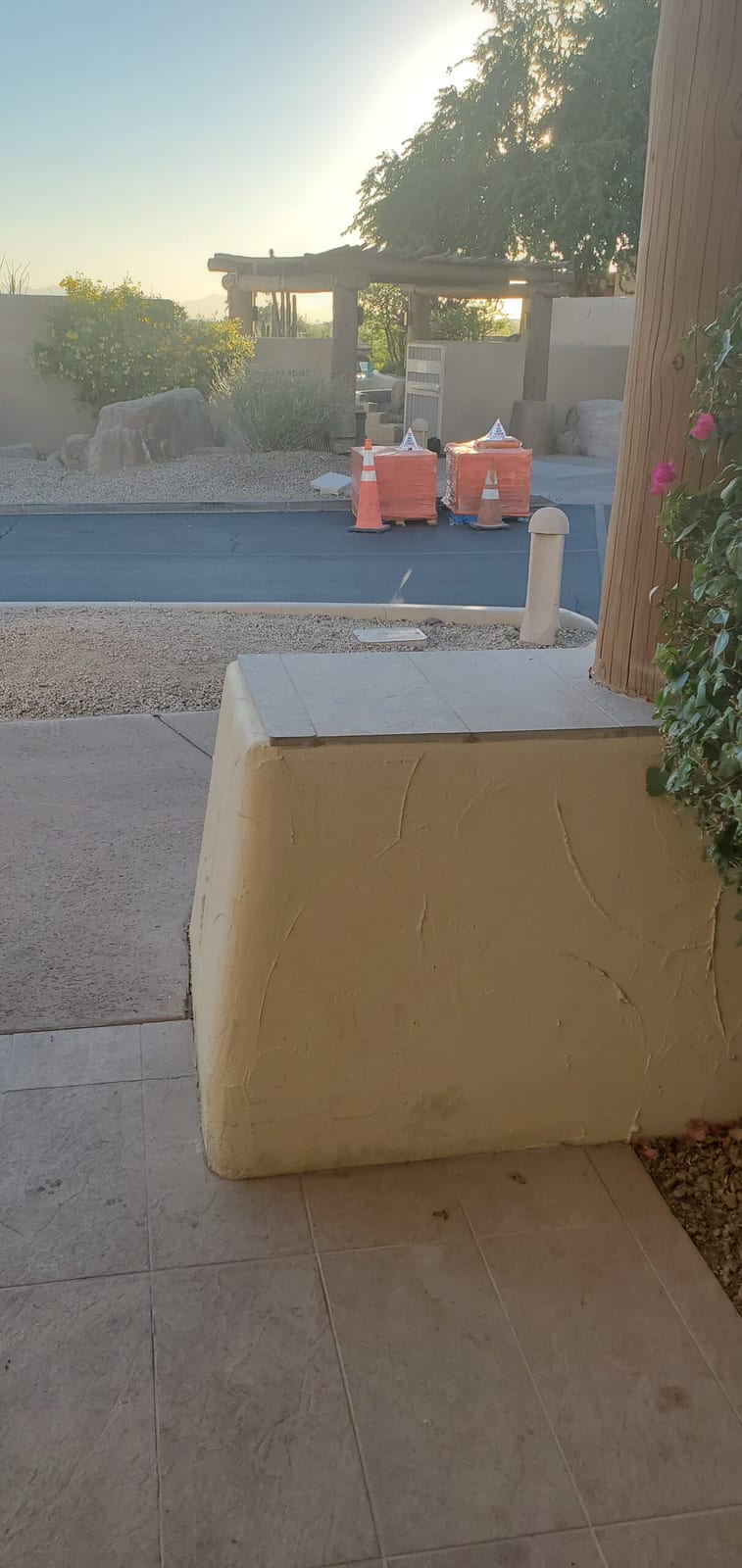 Casita front porch looking across the lane to the Jackrabbit Pool entrance gate