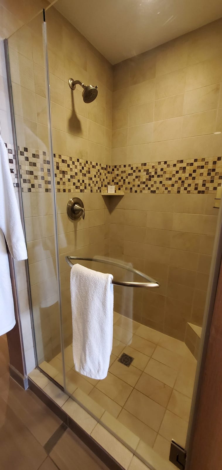 Travertine walk-in shower with mosaic tile border