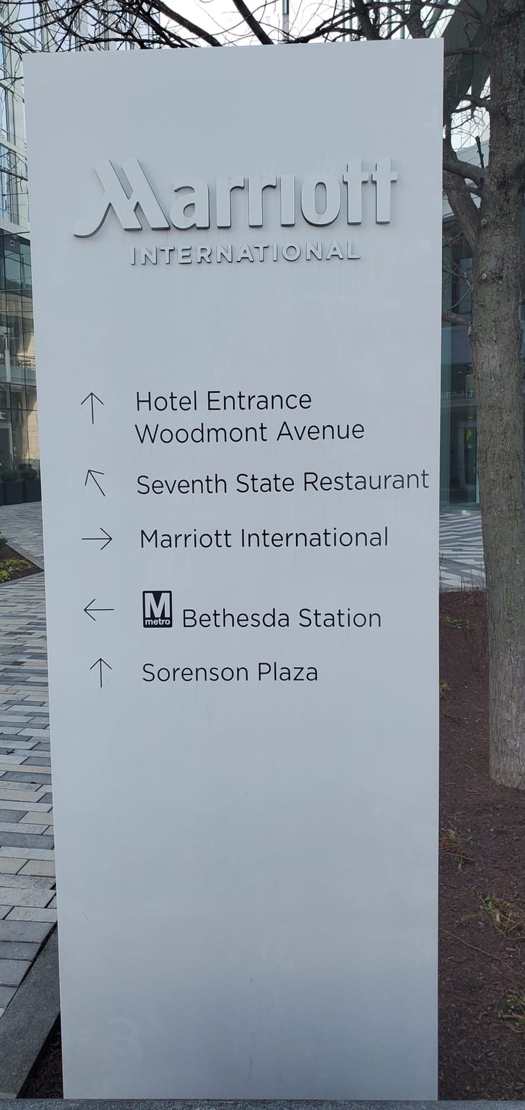 Marriott Bethesda Downtown at Marriott HQ exterior and Sorenson Plaza directional sign