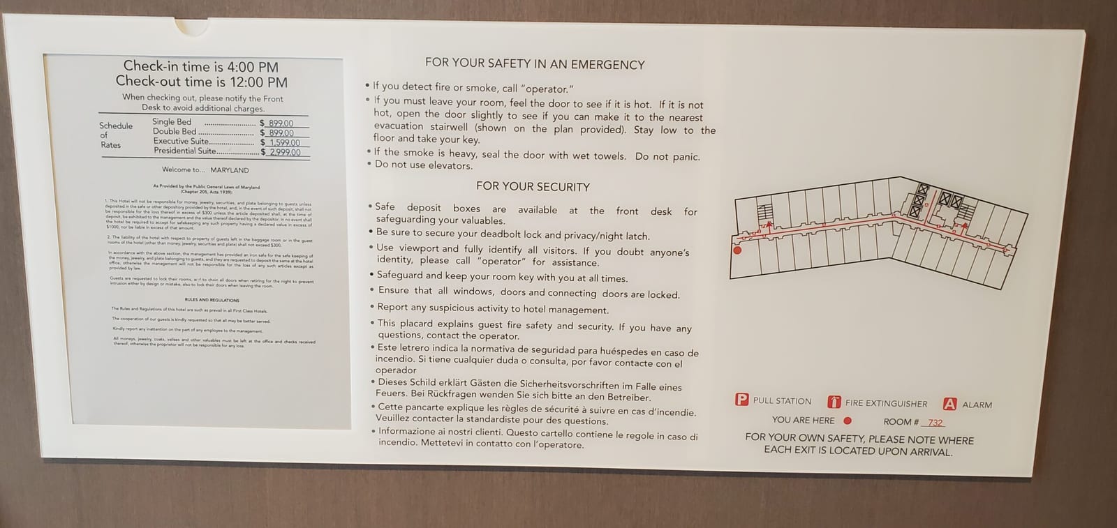 Corner Suite 732 entry door evacuation map and schedule of rates